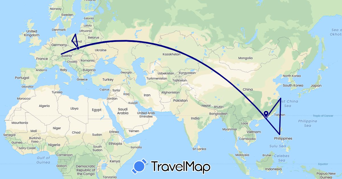 TravelMap itinerary: driving in China, Germany, Philippines, Poland (Asia, Europe)